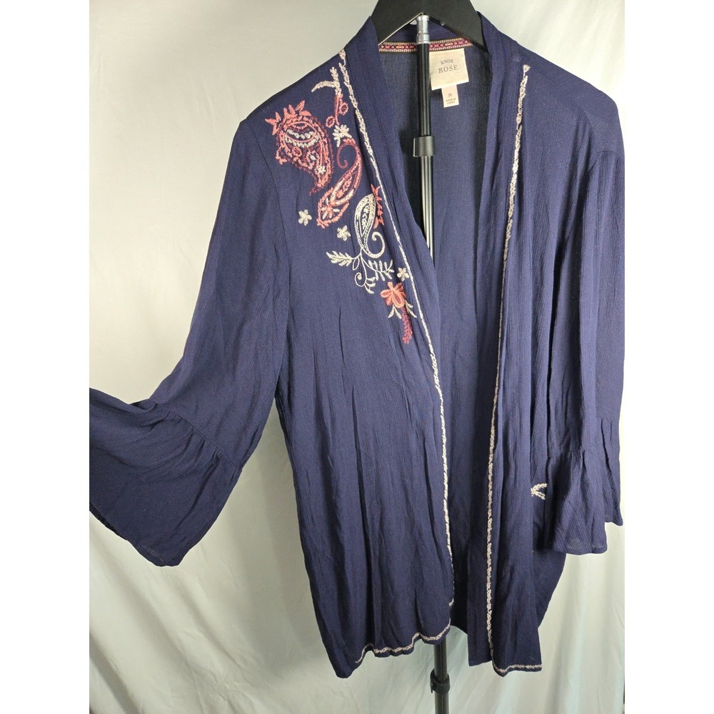 Navy Floral Embroidered Kimono Cardigan Sz M Bell Sleeve Festival Artsy Boho
